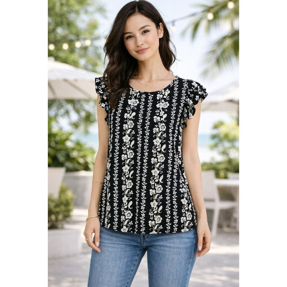 Women's LOFT Flutter Sleeve Mixed Fabric Shirt Petite Large NWT